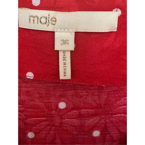 MAJE Womens Red Ripia Twist-Front Polka-Dot Floral Jacquard Mini Dress Sz M - Picture 3 of 8
